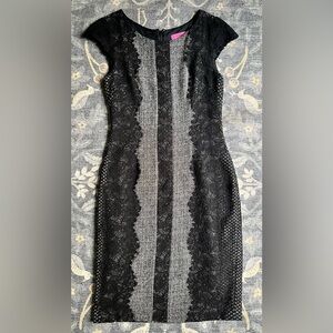Betsey Johnson Black and Gray Sheath Midi Dress with lace panels